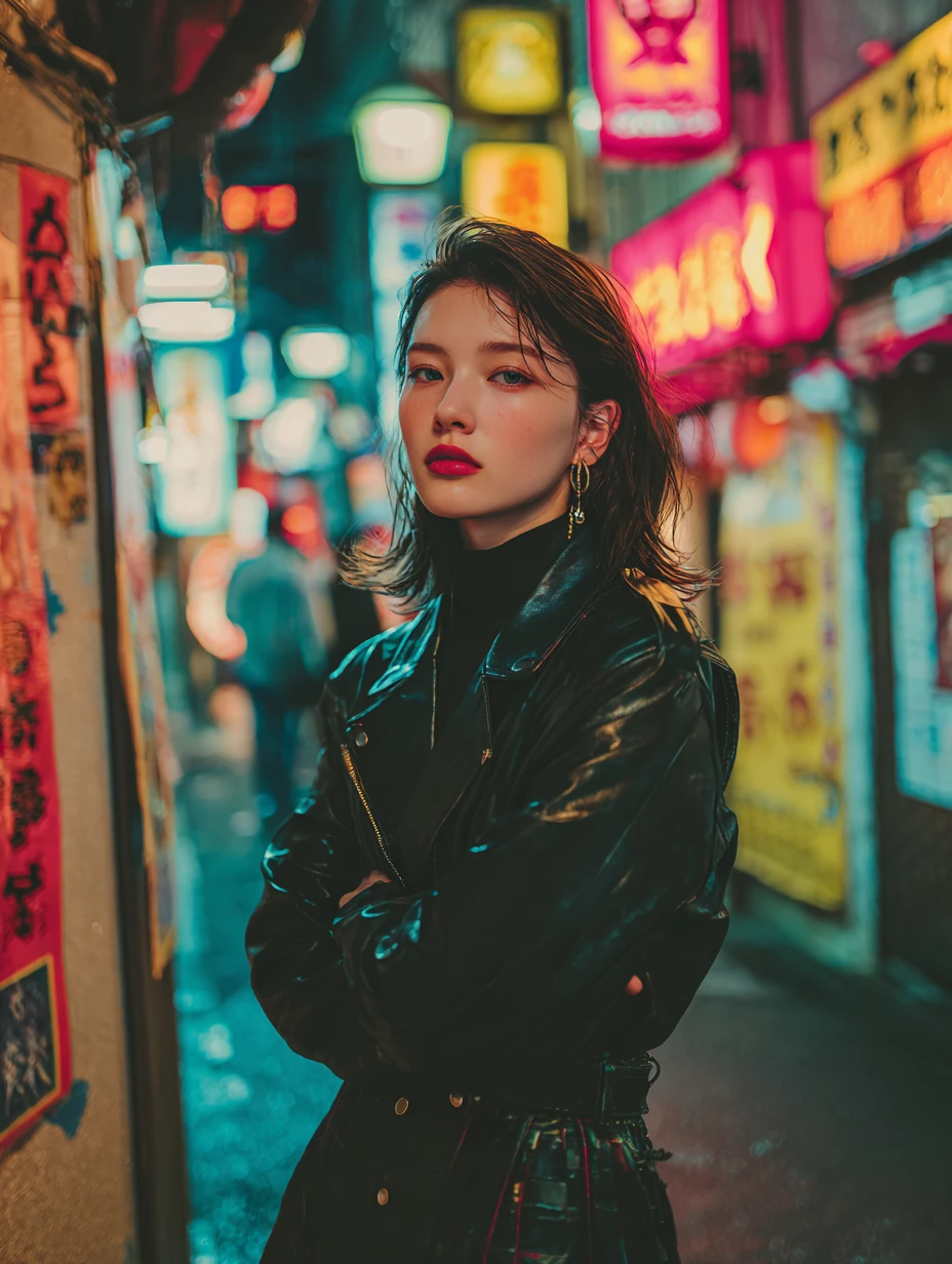 검은 가죽 재킷을 입은 자신감 넘치는 젊은 여성의 네온이 비추는 영화 같은 거리 초상화. 밤의 좁은 도시 골목에 서 있고, 배경에 일본풍의 화려한 간판이 빛나며, 얕은 피사계 심도, 광택 나는 반사, 음울한 사이버펑크 분위기, 매우 정교한 패션 에디토리얼 스타일.